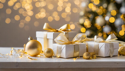 Elegant white gift boxes with golden ribbons on a table surrounded by festive decorations during the holiday season