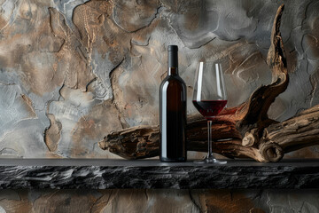 A bottle of wine and a wine glass are on a shelf next to a log