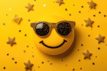 Poster - A cheerful cartoon character with sunglasses smiling at the camera, set against a bright yellow background