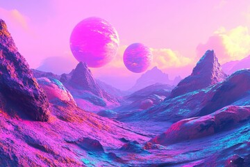 Aufkleber - A digital illustration of planets floating in the sky