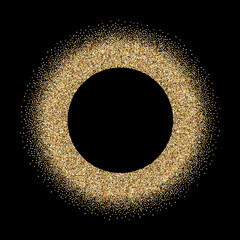 Poster - Golden glitter circle frame. Golden sparkling ring with dust glitter isolated on black background. Luxury decorative glowing shiny vector design.