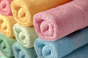 Poster - A close-up view of a stack of towels on a shelf or table