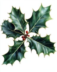 Wall Mural - A holly leaf with spiked edges and deep green color, isolated on white background 