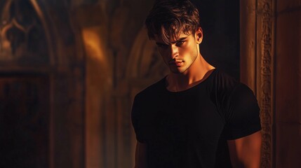 A mockup of a man in a black T-shirt in gothic look
