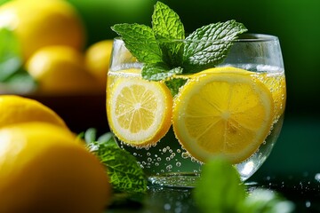 Hyper-realistic close-up of a glass of detox water with finely detailed lemon slices and mint leaves, capturing the tiny bubbles and droplets of condensation on the glass