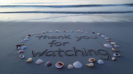 Sandy beach at dusk with waves and shells arranged in circle spelling 