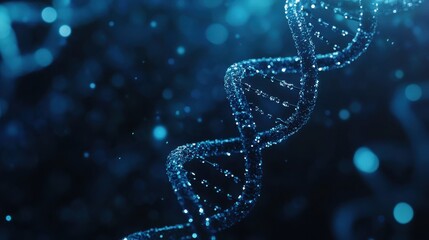 Fototapete - 3D render of a DNA helix on a dark blue background with bokeh lights, a science and biology concept. Realistic 4K resolution.