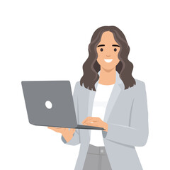 young business woman holding laptop computer. flat vector illustration isolated on white background