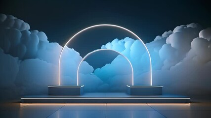 Poster - Neon arch in dark blue lights room with clouds. Abstract background for party stage or product display