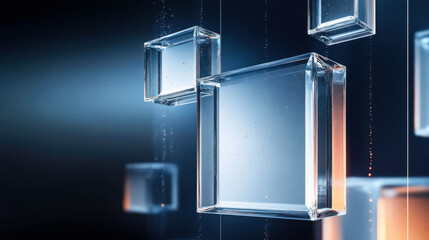 Poster - Abstract display of glowing rectangular glass shapes in a futuristic environment with bluish and reddish lighting at dusk
