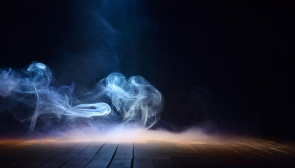 Ethereal smoke swirling in a dark room with wooden floor creating a mysterious atmosphere at night