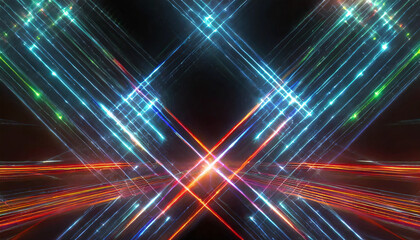Poster - Colorful light rays intersecting against a dark background create a mesmerizing visual effect in an abstract design