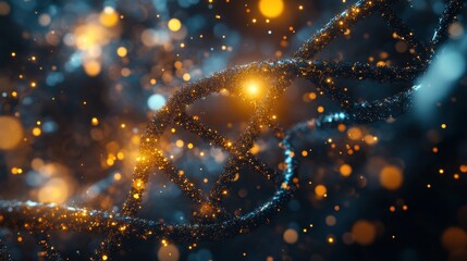 Fototapete - Abstract background with DNA and glowing particles. 3D rendering of a double helix for a DSLR camera, with a bokeh effect