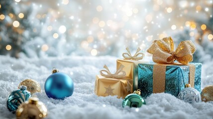 The Gifts on Snowy Background