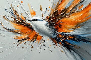 A vibrant abstract painting of a white bird in flight, surrounded by bold splashes of orange and blue