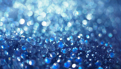 Poster - Blue droplets create a shimmering bokeh effect on a textured surface during early morning light