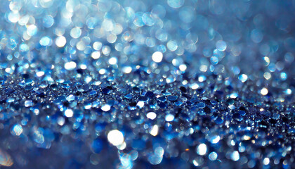 Poster - Blue droplets scatter across a shimmering surface, capturing light in an abstract display of reflection and color