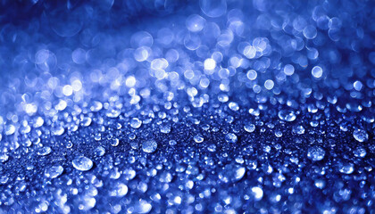 Poster - Drops of water glisten on a blue surface, capturing light reflections in a dazzling display during early morning
