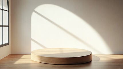 Poster - A beautifully crafted round wooden platform sits in a spacious minimalist room, enhanced by the soft glow of natural light streaming through a large window