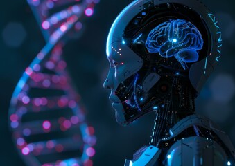 Poster - A robot with a brain in front of DNA. AI.