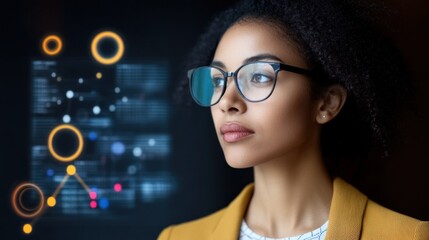 Poster - A focused woman in a stylish outfit examines digital data visualizations with intricate graphs and charts. Her thoughtful expression reflects her engagement with the analysis