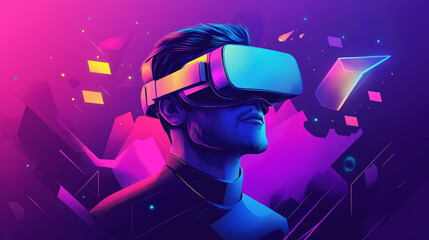 Poster - A man in hi-tech VR glasses with elements of artificial intelligence. Background in a high-tech style. Shining lines and patterns resembling neural networks, connections, and digital circuits.