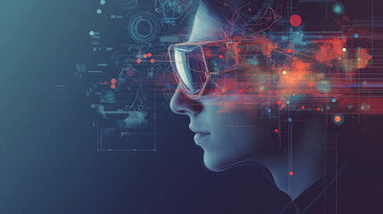 Poster - A man in hi-tech VR glasses with elements of artificial intelligence. Background in a high-tech style. Shining lines and patterns resembling neural networks, connections, and digital circuits.