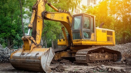 A yellow excavator operates on a construction site, moving earth and debris under the warm glow of early morning sunlight amidst the greenery of surrounding trees