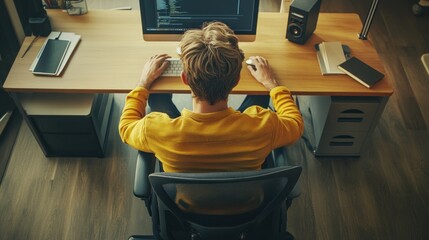 Poster - A young individual sits at a desk engaged in computer programming, surrounded by office supplies and a well-organized workspace during daylight