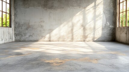 Poster - The open area features a bare concrete floor and expansive windows, resulting in a bright atmosphere accentuated by light reflections and shadows during the day