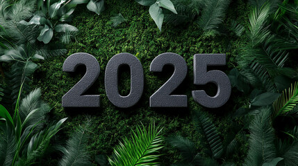 numbers 2025 on a green background among tropical foliage. new beginnings. New Year's screensaver. Cover for an environmental calendar.