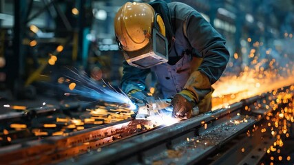 Fototapete - In a vibrant factory filled with motion, a skilled welder carefully works on metal components, creating sparks that light up the workspace. The atmosphere buzzes with industry and craftsmanship.