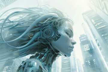 A futuristic robotic woman with flowing hair in a city setting. AI.