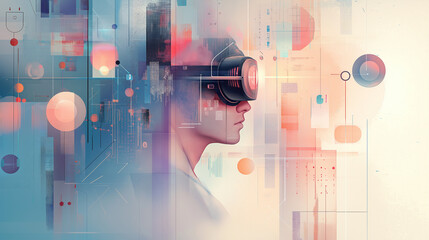 Poster - A man in hi-tech VR glasses with elements of artificial intelligence. Background in a high-tech style. Shining lines and patterns resembling neural networks, connections. Stylized illustration