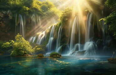 Wall Mural - Sunlight streams through a lush forest, illuminating a cascading waterfall and its tranquil pool. AI.