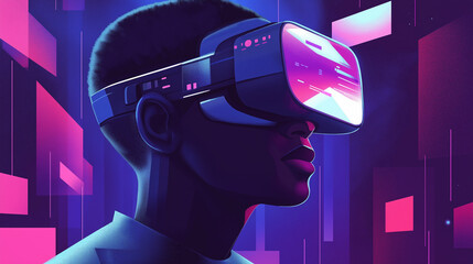 Poster - A man in hi-tech VR glasses with elements of artificial intelligence. Background in a high-tech style. Shining lines and patterns resembling neural networks, connections, and digital circuits.
