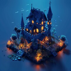 Poster - A magical castle sits on a small island surrounded by water. AI.