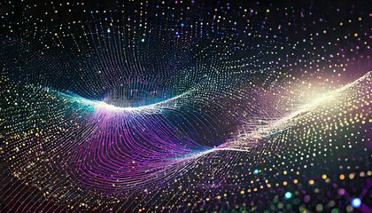 Poster - colorful abstract waves of light and particles create a mesmerizing digital effect in a dark backgro