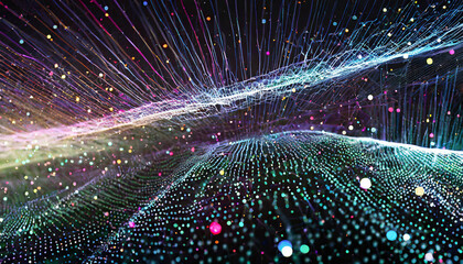 Poster - Colorful abstract waveforms with glowing dots create a vibrant digital landscape in a dark setting