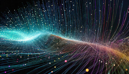 Poster - colorful abstract wave of digital particles flowing against a dark backdrop in a seamless and energe