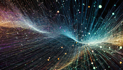 Poster - abstract visualization of colorful light waves and particles flowing dynamically in a dark backgroun
