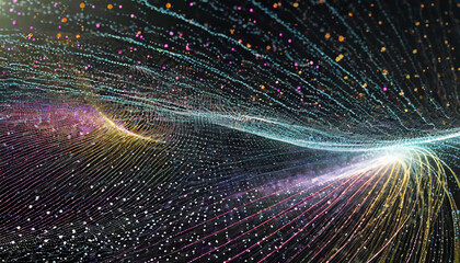 Poster - Abstract visualization of colorful light waves flowing in intricate patterns against a dark background