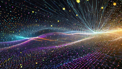 Poster - vibrant abstract representation of dynamic waves of light and color flowing through a cosmic landsca