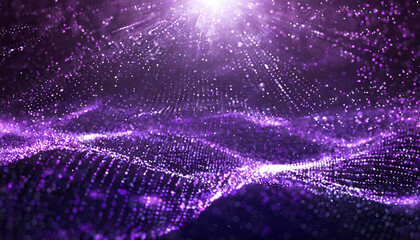 Poster - a vibrant display of purple light particles creating a dynamic wave-like pattern in a digital enviro
