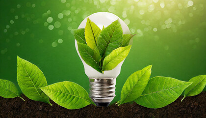 Wall Mural - a light bulb filled with green leaves symbolizes eco-friendly energy concepts in a vibrant natural s