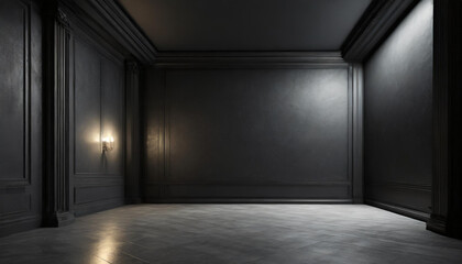 A minimalist black interior featuring elegant lighting in a spacious empty room with smooth marble flooring