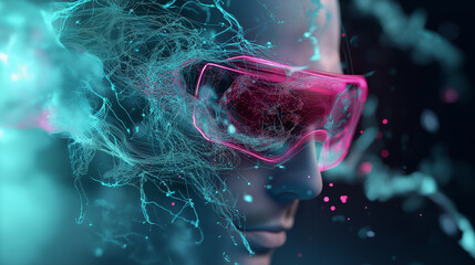 Poster - A man in hi-tech VR glasses with elements of artificial intelligence. Background in a high-tech style. Shining lines and patterns resembling neural networks, connections, and digital circuits.
