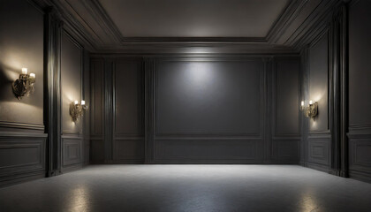 A modern, minimalistic room with dark walls and elegant sconces illuminated by a soft overhead light in an empty gallery space