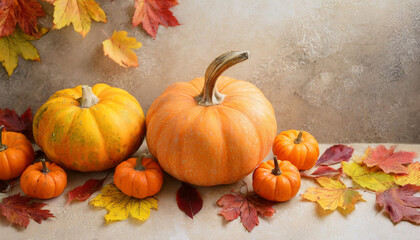 Colorful pumpkins and autumn leaves arranged on a table, showcasing seasonal decor for fall celebrations