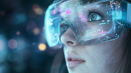 Poster - Girl in hi-tech VR glasses with elements of artificial intelligence. Background in a high-tech style. Shining lines and patterns resembling neural networks, connections, and digital circuits.